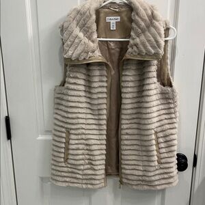 Calvin Klein Cream Faux Fur Ribbed Vest with Shawl Collar